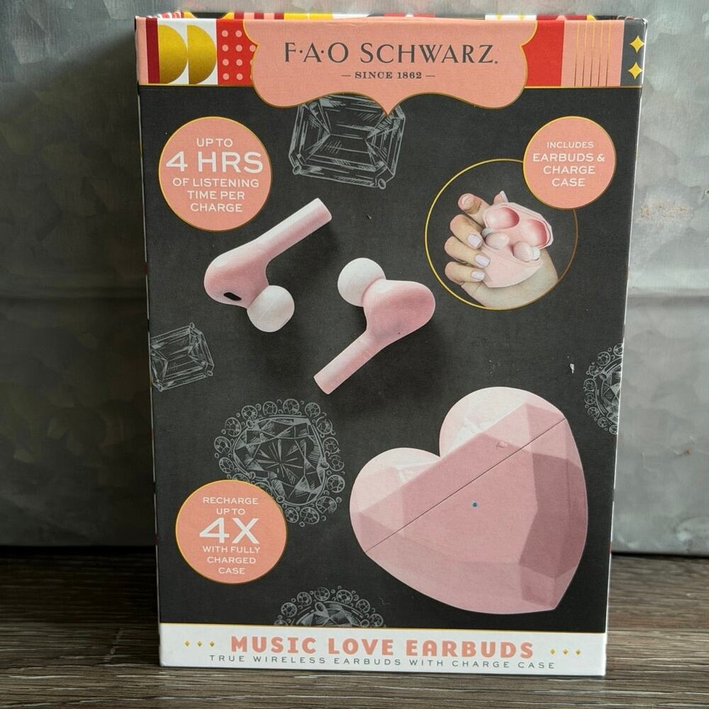 FAO Schwarz Music Love True Wireless Earbuds Pink Heart Charging Case NIB